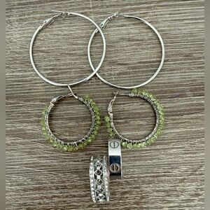 Jewelry Bundle Hoop Earrings Silver Peridot Beads Rings Pave CZ Size 7.5